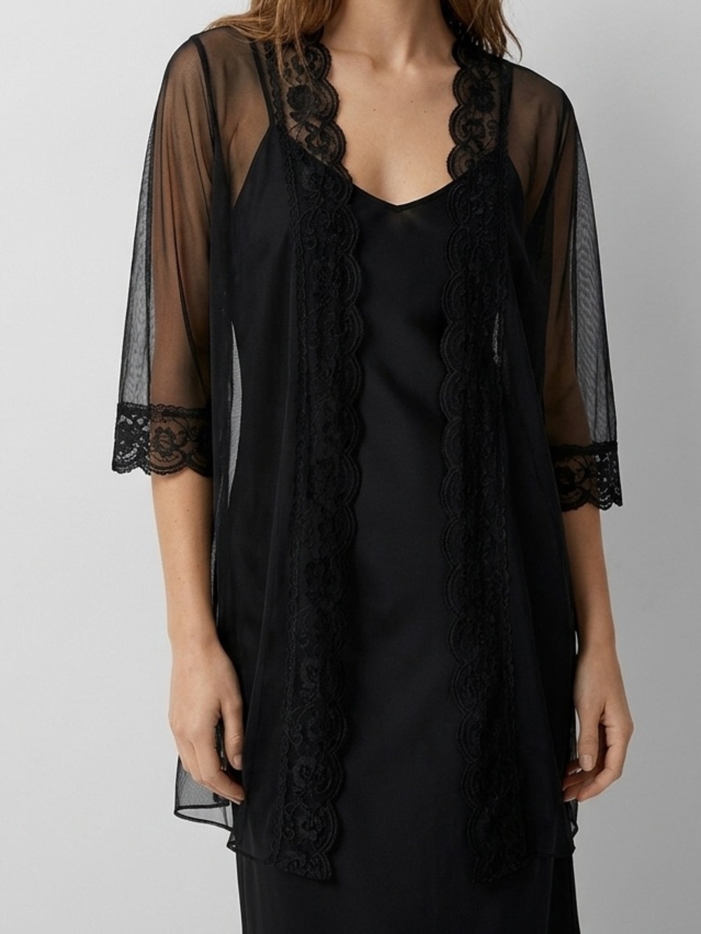 La‎ Loire Vintage Open Front Sheer Lace-Trim Black Robe Size Medium